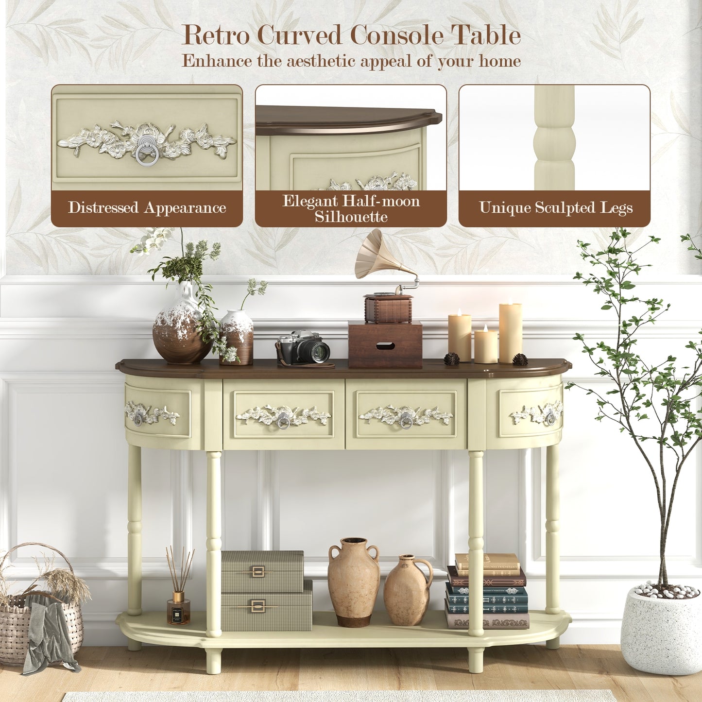 Vintage Curved Console Table with Storage Drawers and Solid Wood Legs