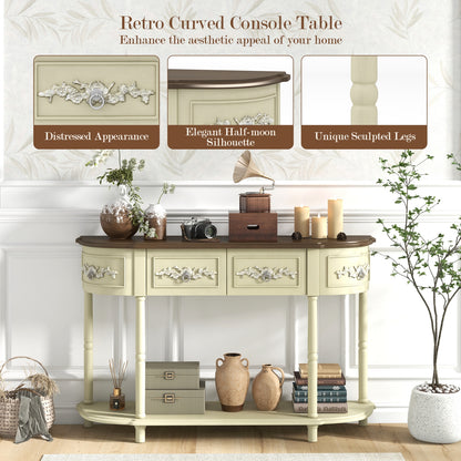 Vintage Curved Console Table with Storage Drawers and Solid Wood Legs