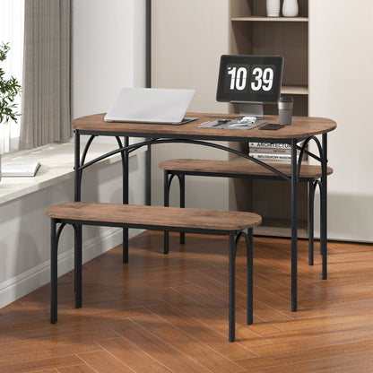 3 Piece Industrial Dining Set with Table and 2 Benches for 4 People Compact Design with Metal Frame