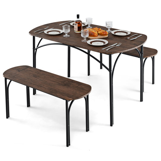 3 Piece Industrial Dining Set with Table and 2 Benches for 4 People Compact Design with Metal Frame