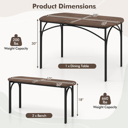 3 Piece Industrial Dining Set with Table and 2 Benches for 4 People Compact Design with Metal Frame