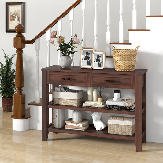 Wood Console Table with 2 Drawers and 3-Tier Storage for Hallway or Living Room