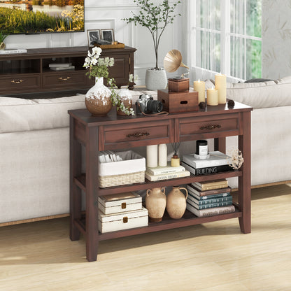 Wood Console Table with 2 Drawers and 3-Tier Storage for Hallway or Living Room