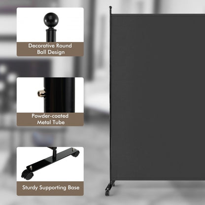 6 Foot Rolling Privacy Screen with Lockable Wheels Single Panel Divider - Black