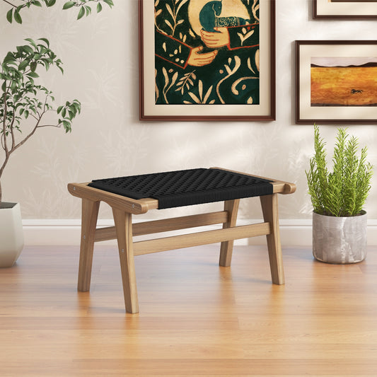 Teak Wood Ottoman Footstool with Handwoven Cordage for Indoor and Outdoor Use