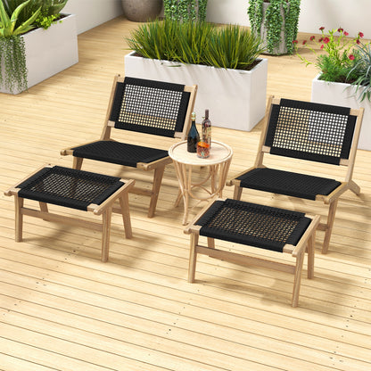 Teak Wood Ottoman Footstool with Handwoven Cordage for Indoor and Outdoor Use