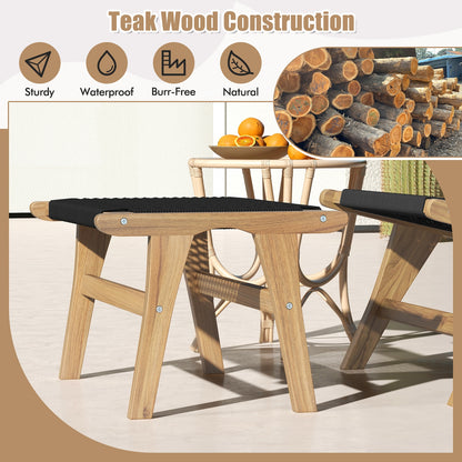 Teak Wood Ottoman Footstool with Handwoven Cordage for Indoor and Outdoor Use