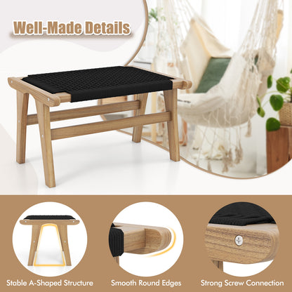 Teak Wood Ottoman Footstool with Handwoven Cordage for Indoor and Outdoor Use