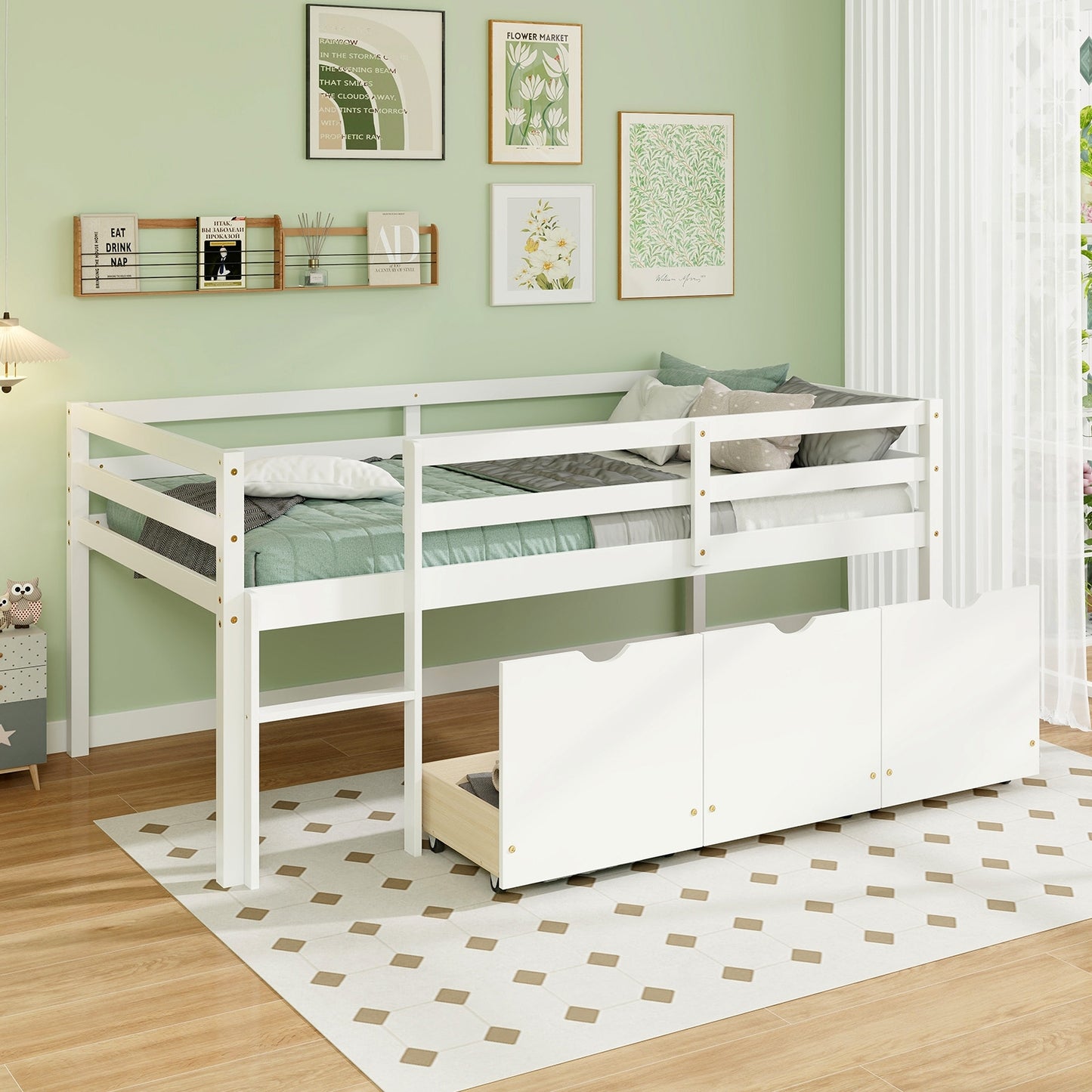 Kids Twin Low Loft Bed with 3 Storage Drawers and Safety Guardrails – White