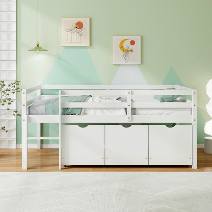 Kids Twin Low Loft Bed with 3 Storage Drawers and Safety Guardrails – White