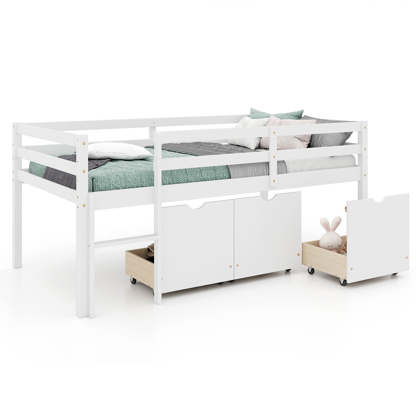 Kids Twin Low Loft Bed with 3 Storage Drawers and Safety Guardrails – White