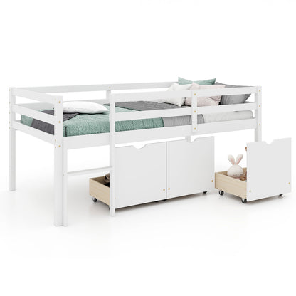 Kids Twin Low Loft Bed with 3 Storage Drawers and Safety Guardrails – White