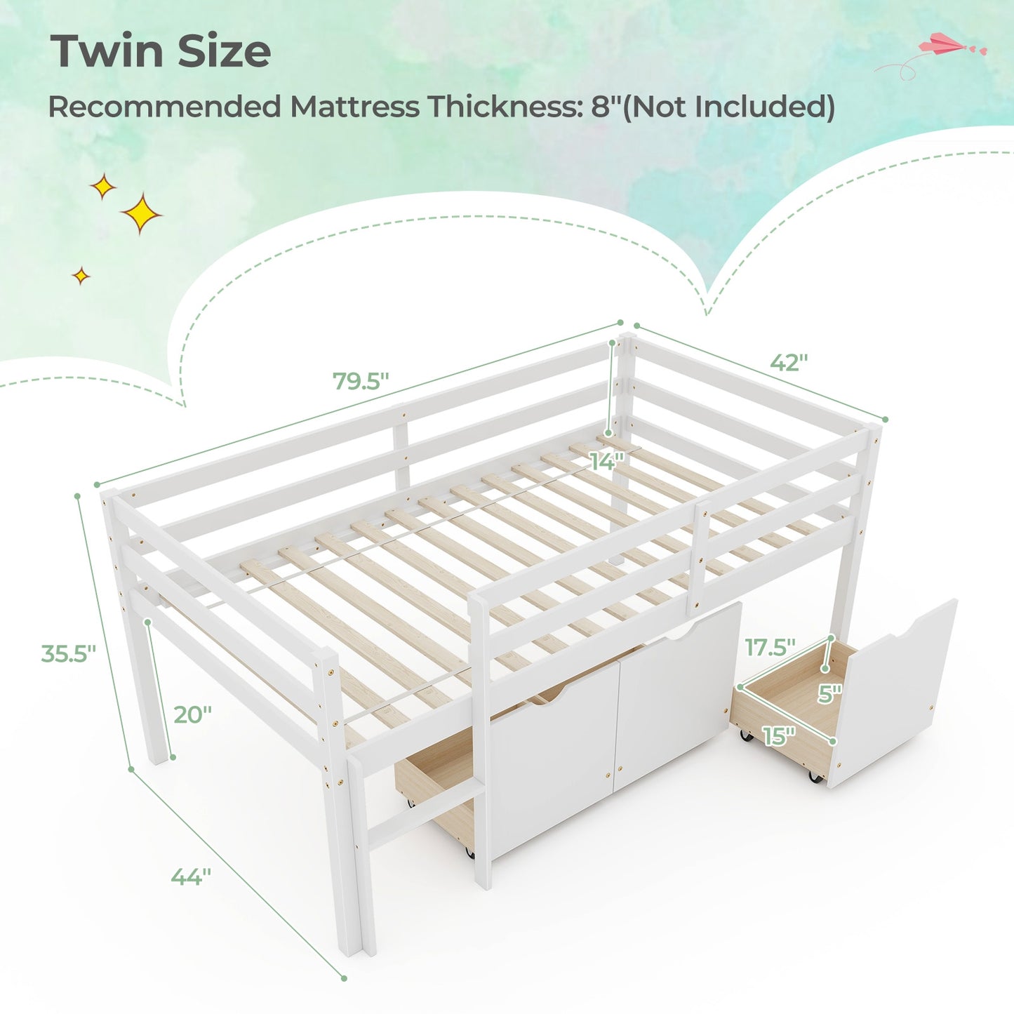 Kids Twin Low Loft Bed with 3 Storage Drawers and Safety Guardrails – White
