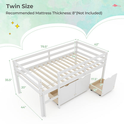 Kids Twin Low Loft Bed with 3 Storage Drawers and Safety Guardrails – White