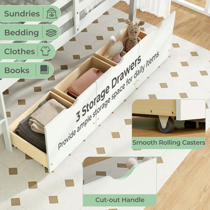 Kids Twin Low Loft Bed with 3 Storage Drawers and Safety Guardrails – White