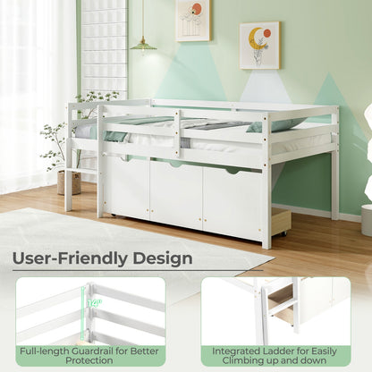 Kids Twin Low Loft Bed with 3 Storage Drawers and Safety Guardrails – White