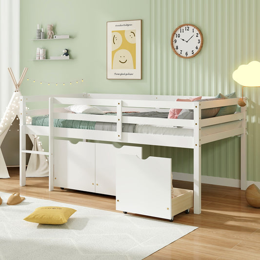Kids Twin Low Loft Bed with 3 Storage Drawers and Safety Guardrails – White