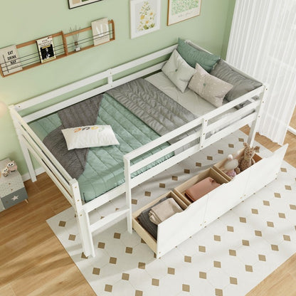 Kids Twin Low Loft Bed with 3 Storage Drawers and Safety Guardrails – White