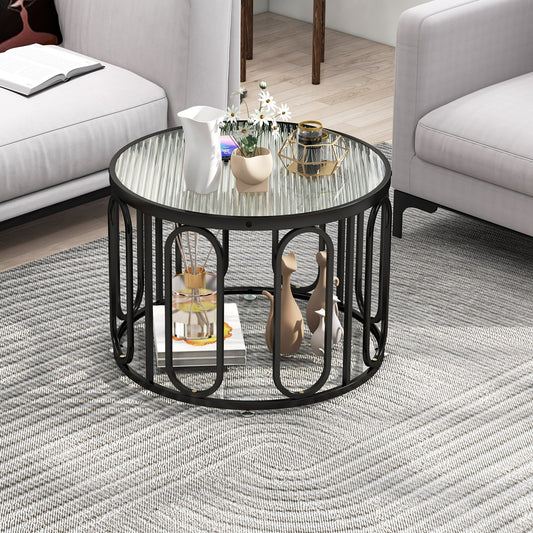 Contemporary Round Coffee Table with Textured Tempered Glass and Adjustable Swivel Oval Brackets - Black