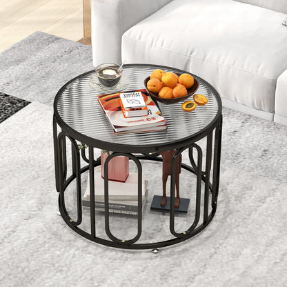 Contemporary Round Coffee Table with Textured Tempered Glass and Adjustable Swivel Oval Brackets - Black