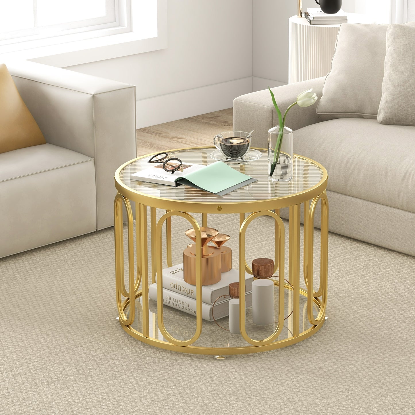 Contemporary Round Coffee Table with Textured Tempered Glass and Adjustable Swivel Oval Brackets - Golden