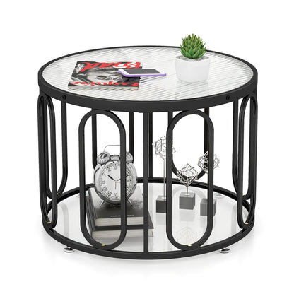 Contemporary Round Coffee Table with Textured Tempered Glass and Adjustable Swivel Oval Brackets - Black