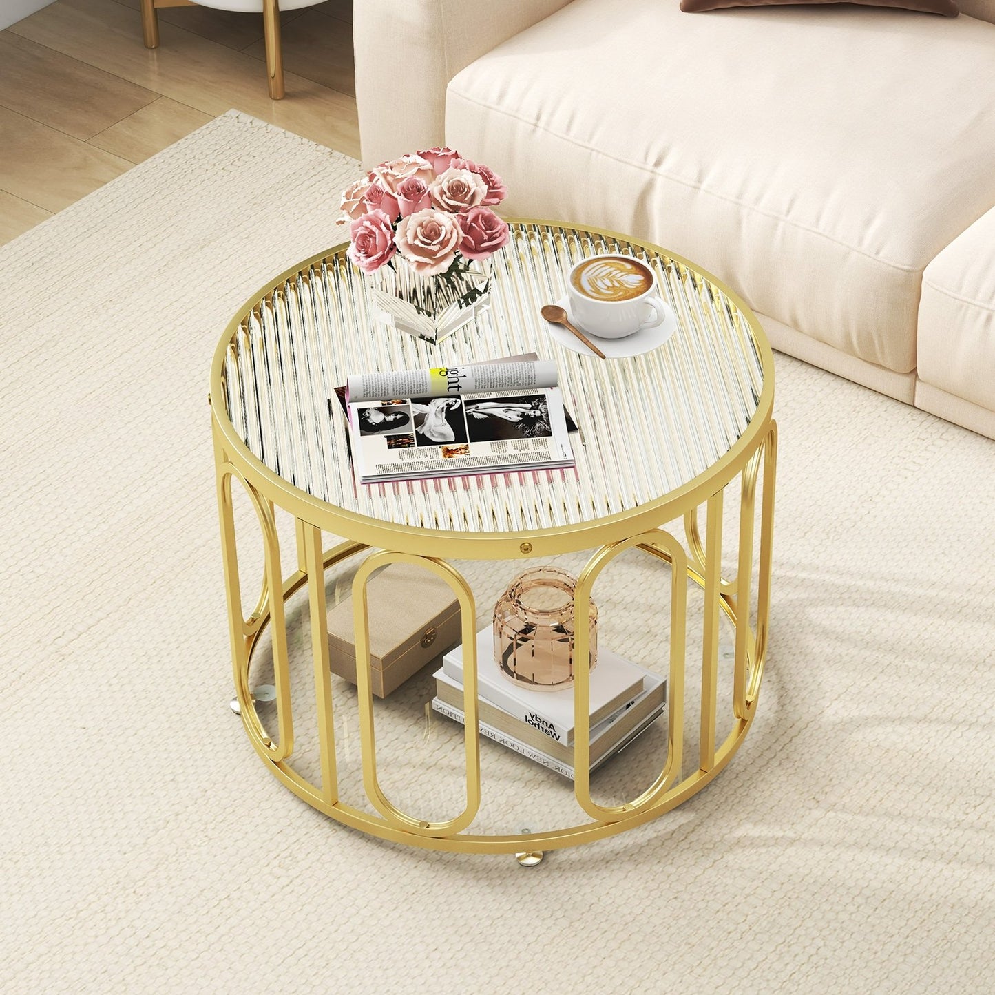 Contemporary Round Coffee Table with Textured Tempered Glass and Adjustable Swivel Oval Brackets - Golden