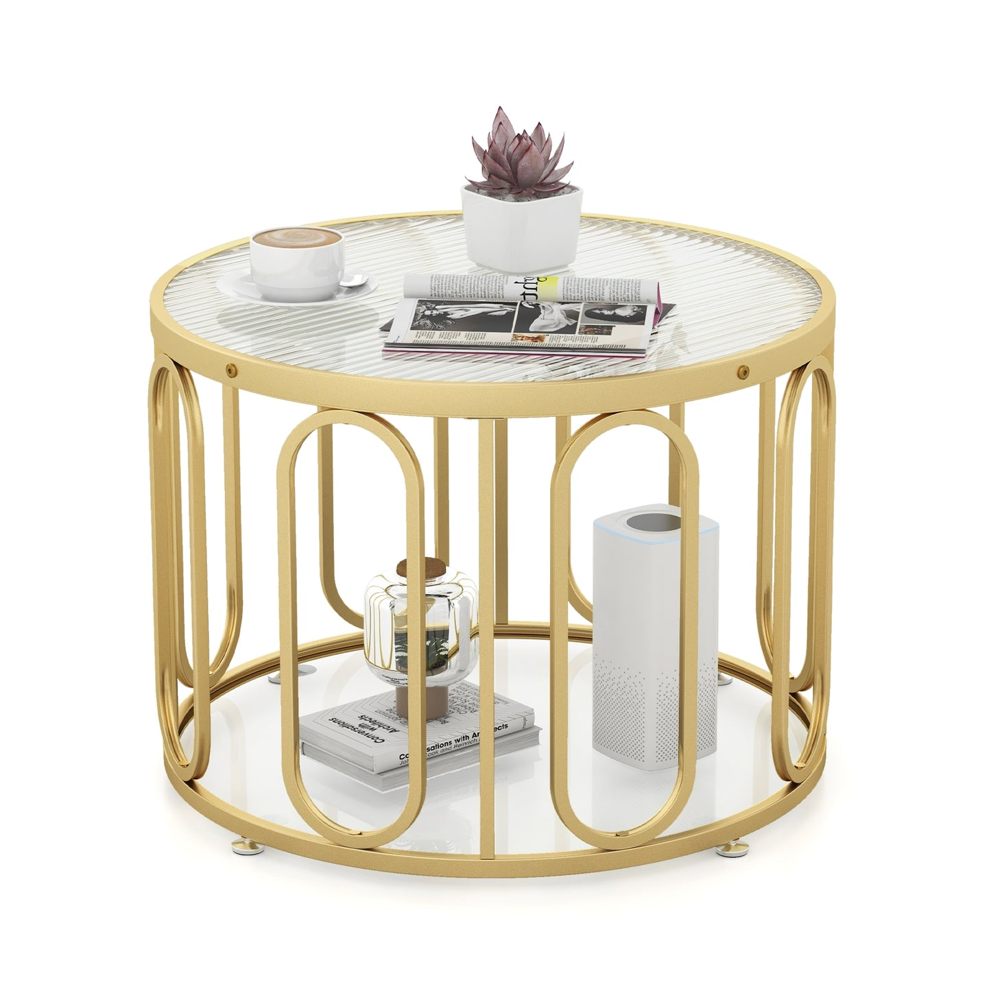 Contemporary Round Coffee Table with Textured Tempered Glass and Adjustable Swivel Oval Brackets - Golden
