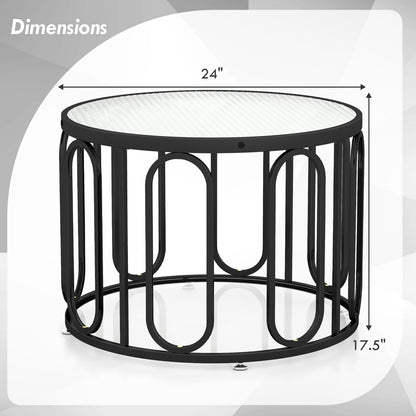 Contemporary Round Coffee Table with Textured Tempered Glass and Adjustable Swivel Oval Brackets - Black