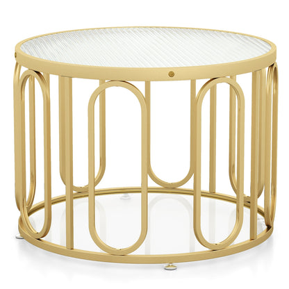 Contemporary Round Coffee Table with Textured Tempered Glass and Adjustable Swivel Oval Brackets - Golden
