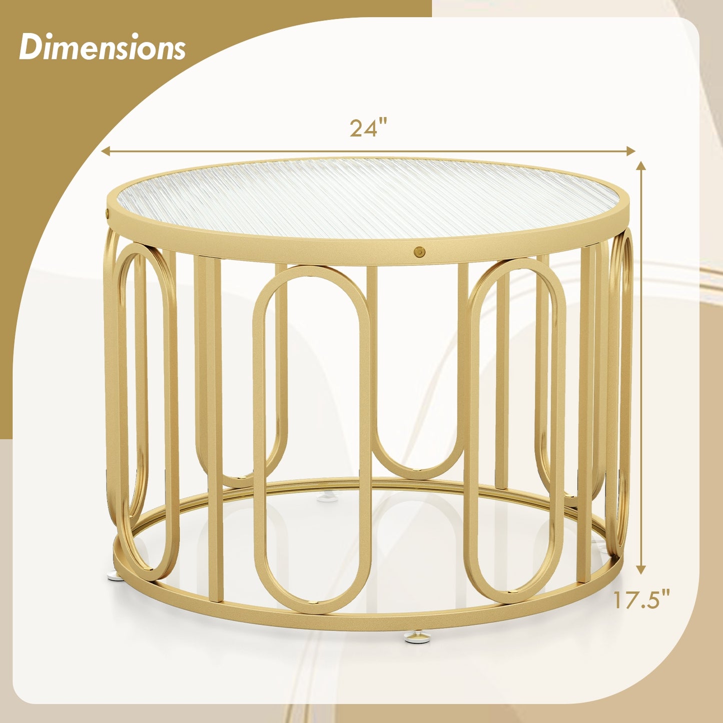 Contemporary Round Coffee Table with Textured Tempered Glass and Adjustable Swivel Oval Brackets - Golden