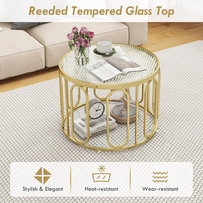 Contemporary Round Coffee Table with Textured Tempered Glass and Adjustable Swivel Oval Brackets - Golden