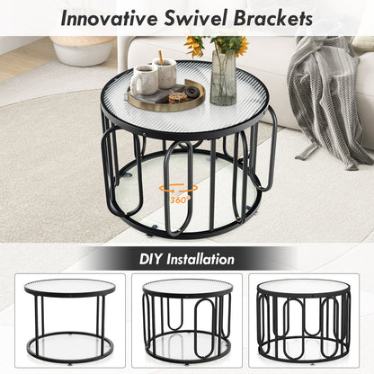 Contemporary Round Coffee Table with Textured Tempered Glass and Adjustable Swivel Oval Brackets - Black