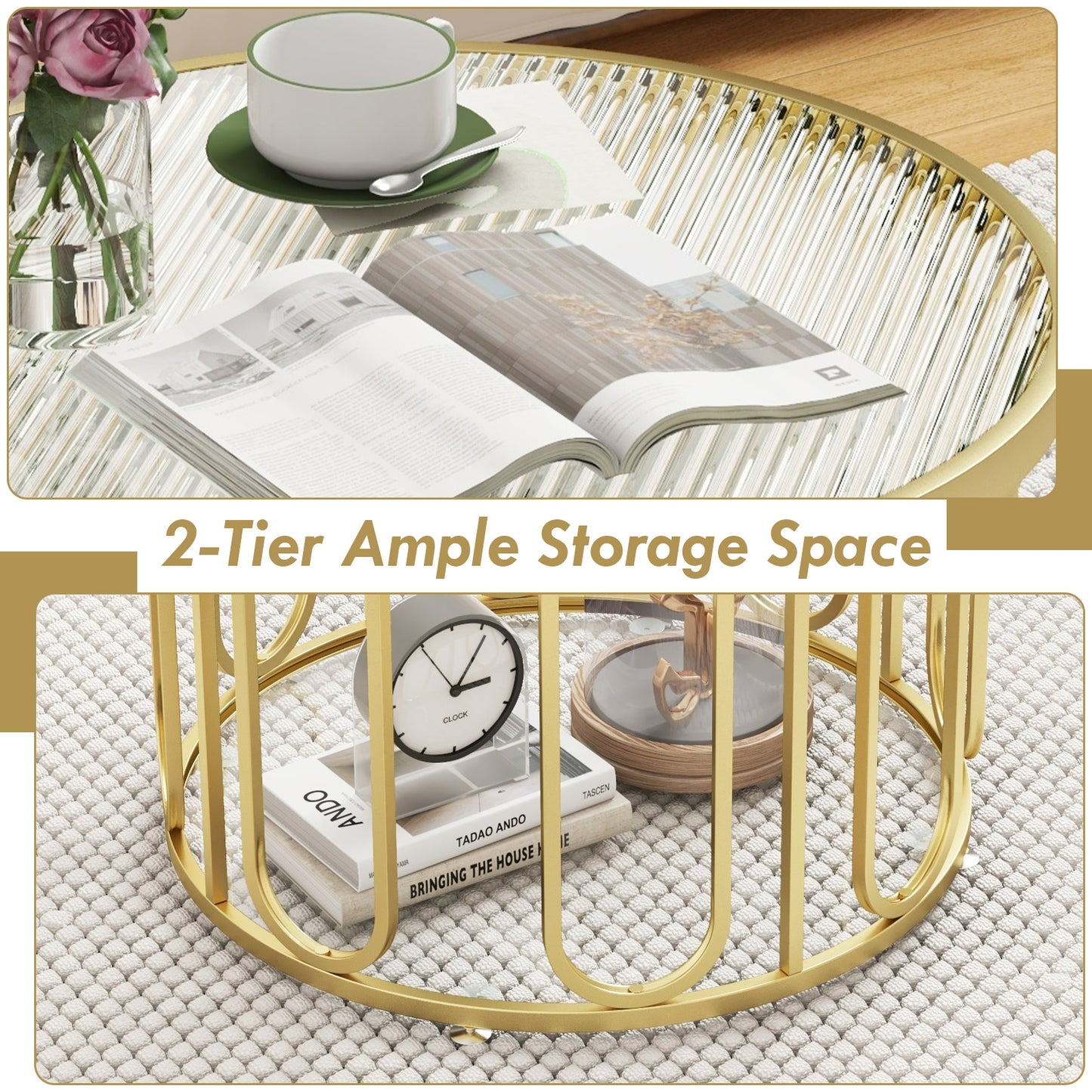 Contemporary Round Coffee Table with Textured Tempered Glass and Adjustable Swivel Oval Brackets - Golden