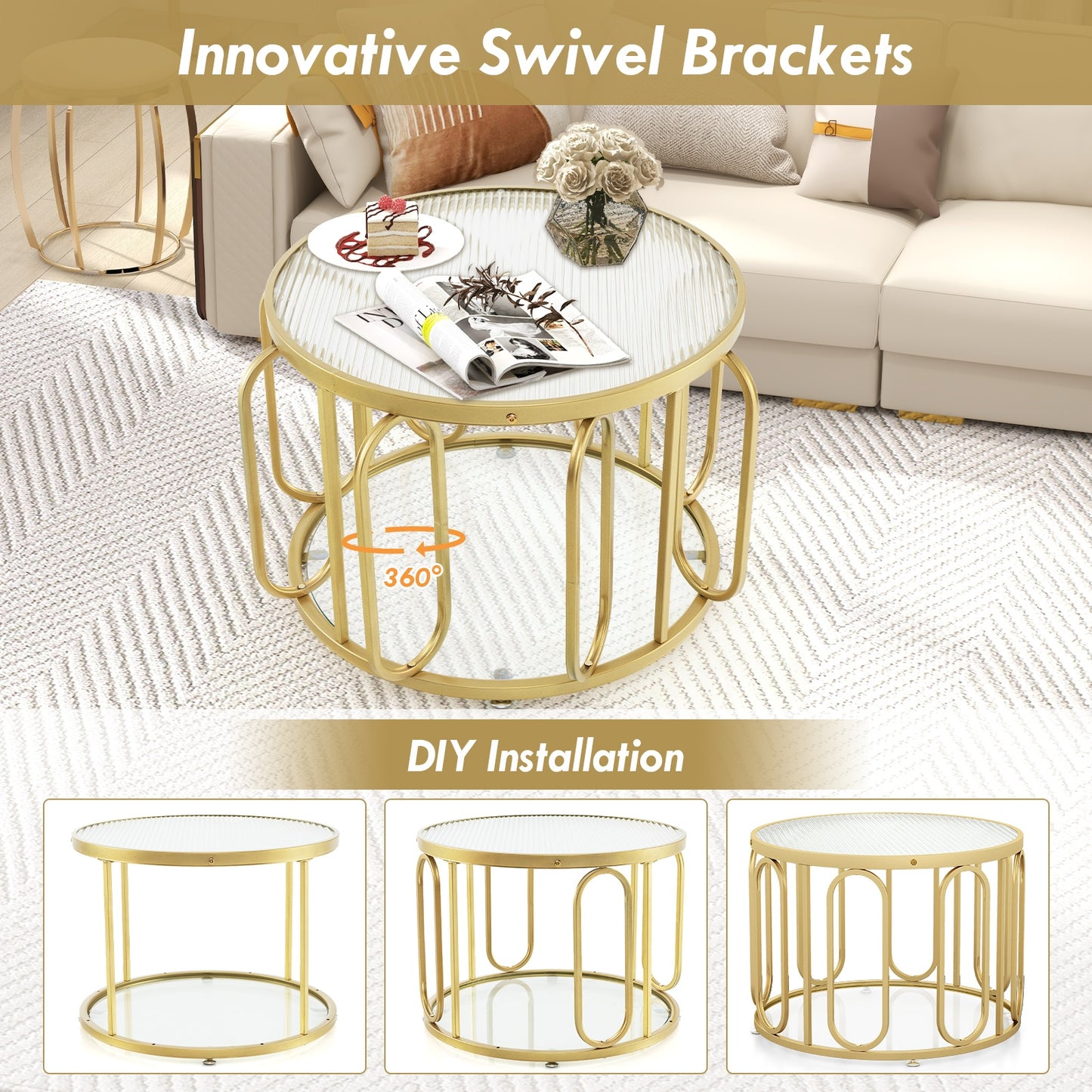 Contemporary Round Coffee Table with Textured Tempered Glass and Adjustable Swivel Oval Brackets - Golden