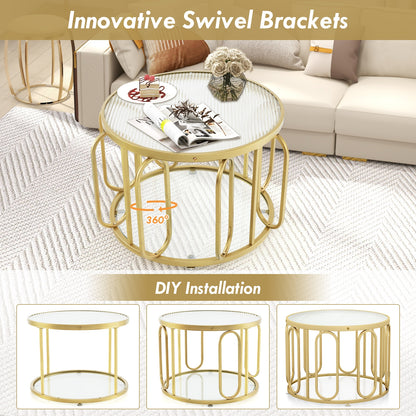 Contemporary Round Coffee Table with Textured Tempered Glass and Adjustable Swivel Oval Brackets - Golden