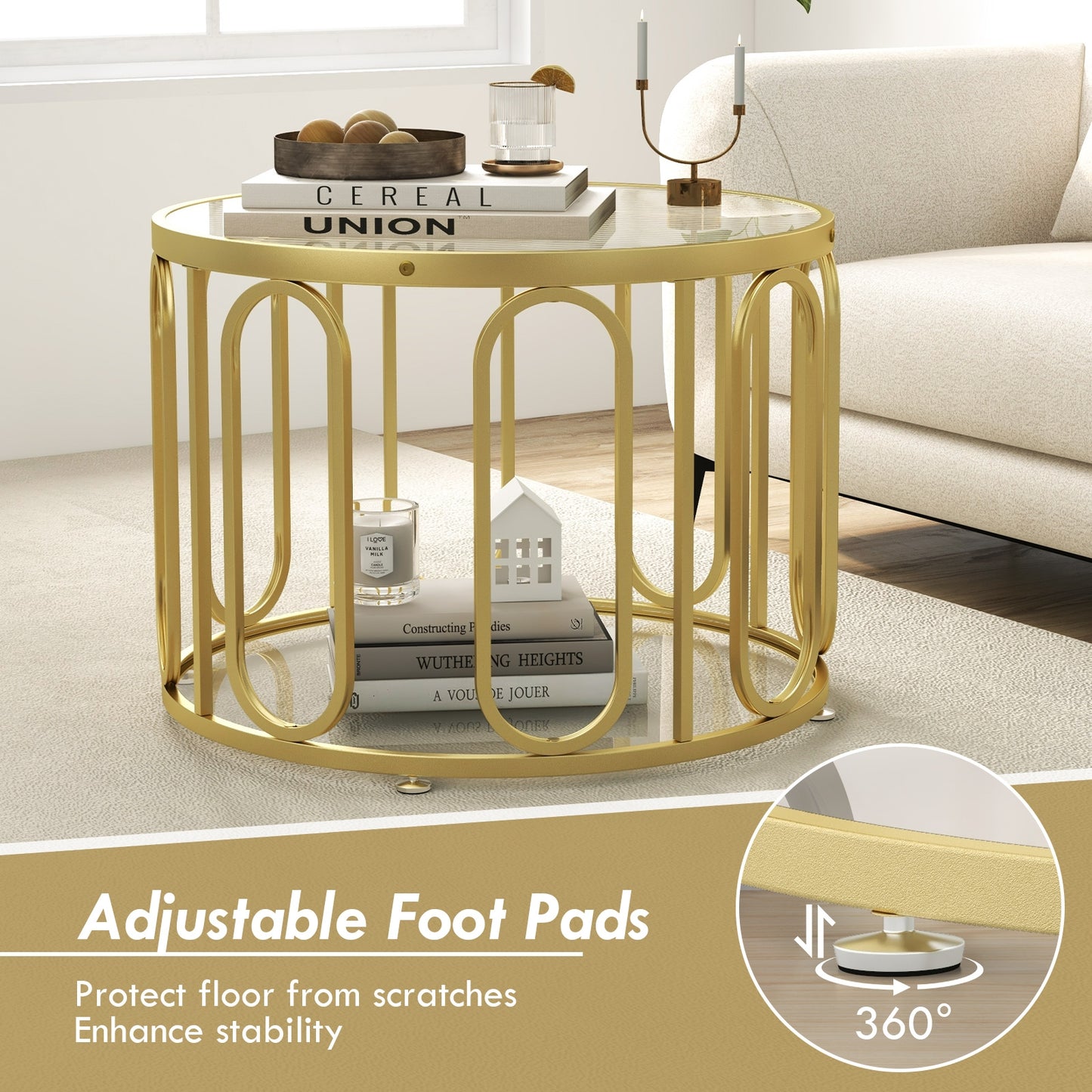 Contemporary Round Coffee Table with Textured Tempered Glass and Adjustable Swivel Oval Brackets - Golden
