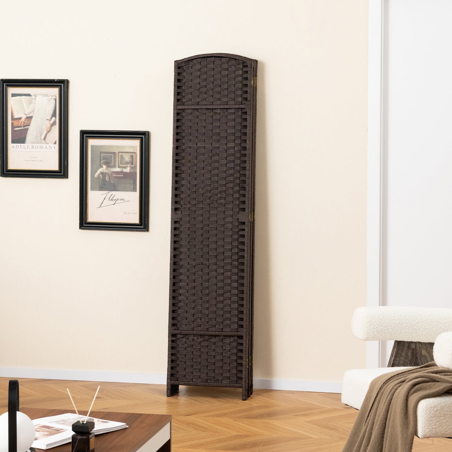6-Panel 5.6ft Folding Room Divider with Hand-Woven Texture for Privacy and Style - Brown