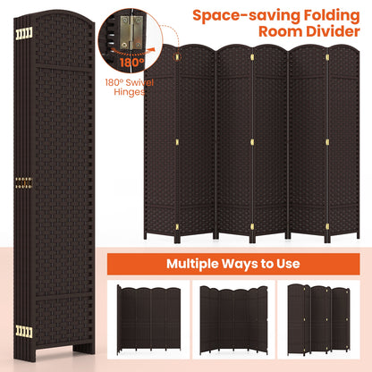6-Panel 5.6ft Folding Room Divider with Hand-Woven Texture for Privacy and Style - Brown