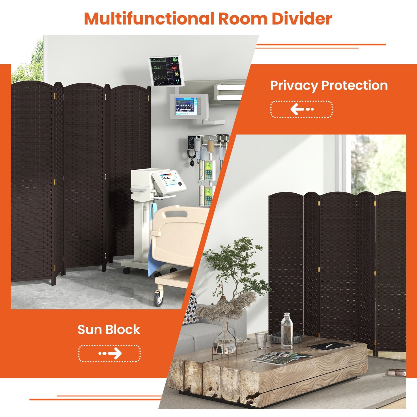 6-Panel 5.6ft Folding Room Divider with Hand-Woven Texture for Privacy and Style - Brown