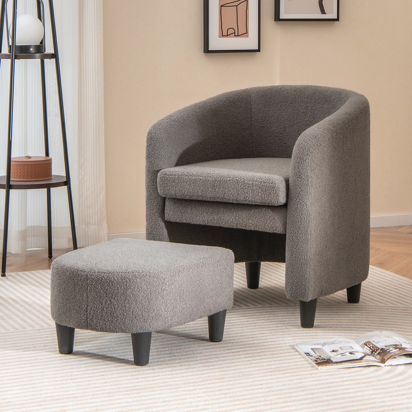 Barrel Style Accent Chair with Matching Ottoman in Soft Teddy Velvet - Grey