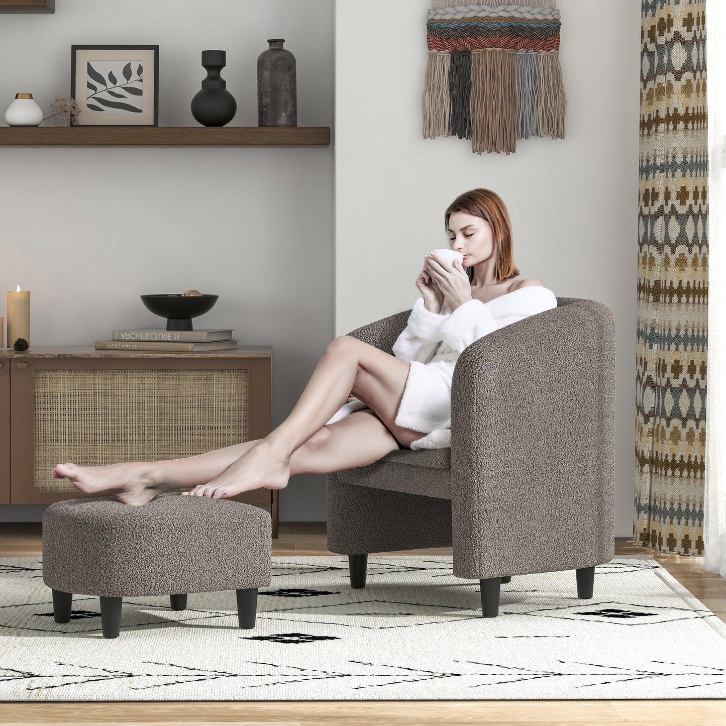 Barrel Style Accent Chair with Matching Ottoman in Soft Teddy Velvet - Grey