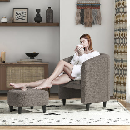 Barrel Style Accent Chair with Matching Ottoman in Soft Teddy Velvet - Grey