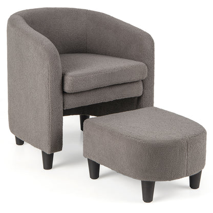 Barrel Style Accent Chair with Matching Ottoman in Soft Teddy Velvet - Grey