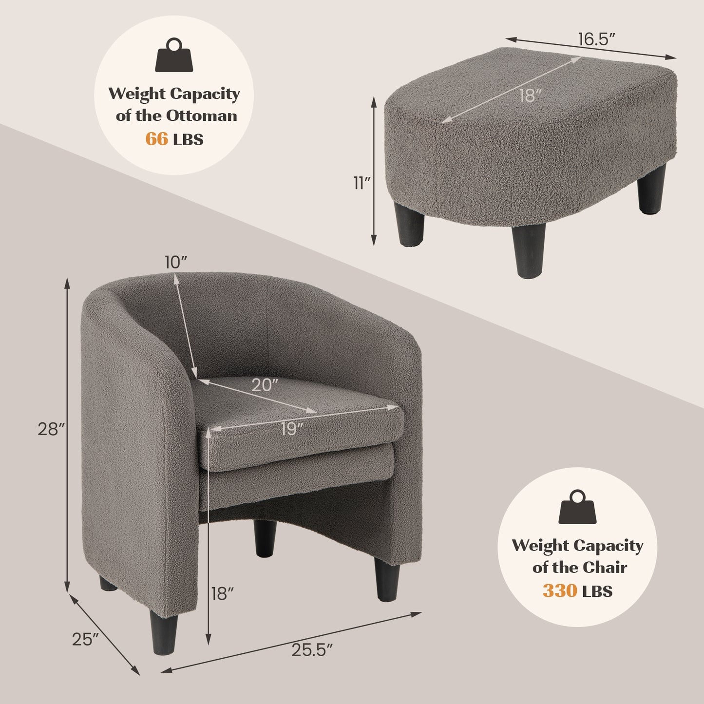 Barrel Style Accent Chair with Matching Ottoman in Soft Teddy Velvet - Grey