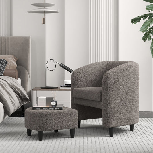 Barrel Style Accent Chair with Matching Ottoman in Soft Teddy Velvet - Grey