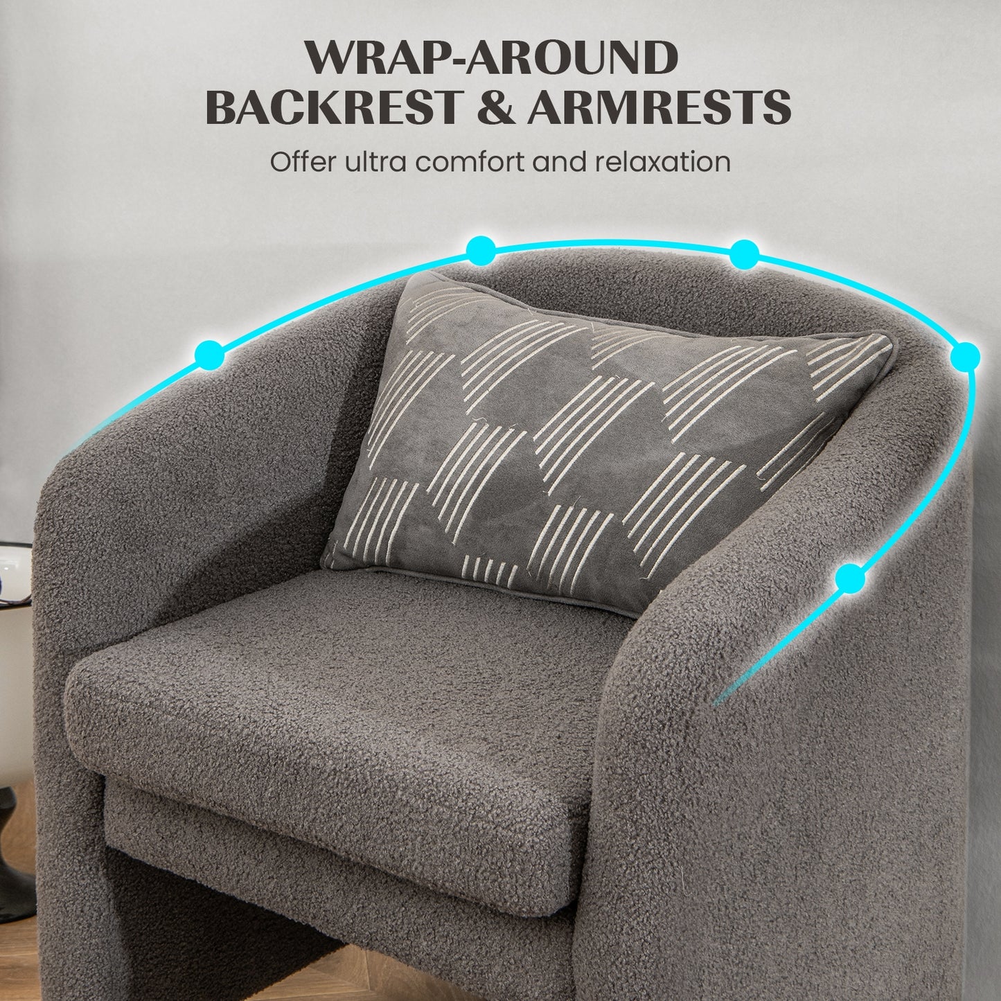 Barrel Style Accent Chair with Matching Ottoman in Soft Teddy Velvet - Grey