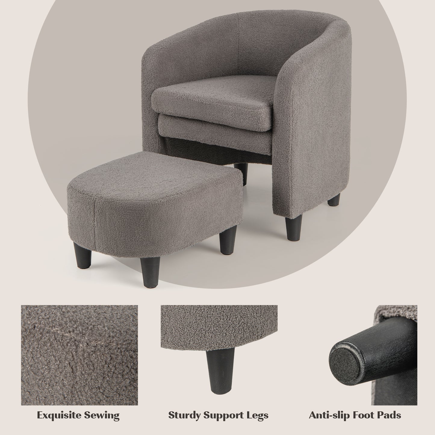 Barrel Style Accent Chair with Matching Ottoman in Soft Teddy Velvet - Grey
