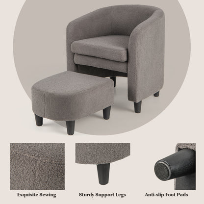 Barrel Style Accent Chair with Matching Ottoman in Soft Teddy Velvet - Grey