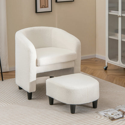 Barrel Style Accent Chair with Matching Ottoman in Soft Teddy Velvet - Beige